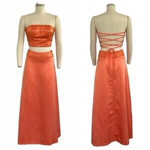 Y2K Ciret Beaded Orange Two Piece Formal Dress with Corset Tie